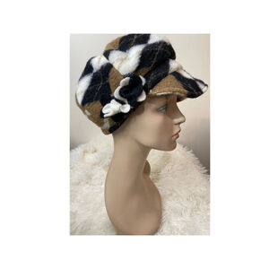 Lafenice Blk/Wht/Brn Plaid Wool Blend Newsboy Cap w/ Flower Accent - Sz. OS